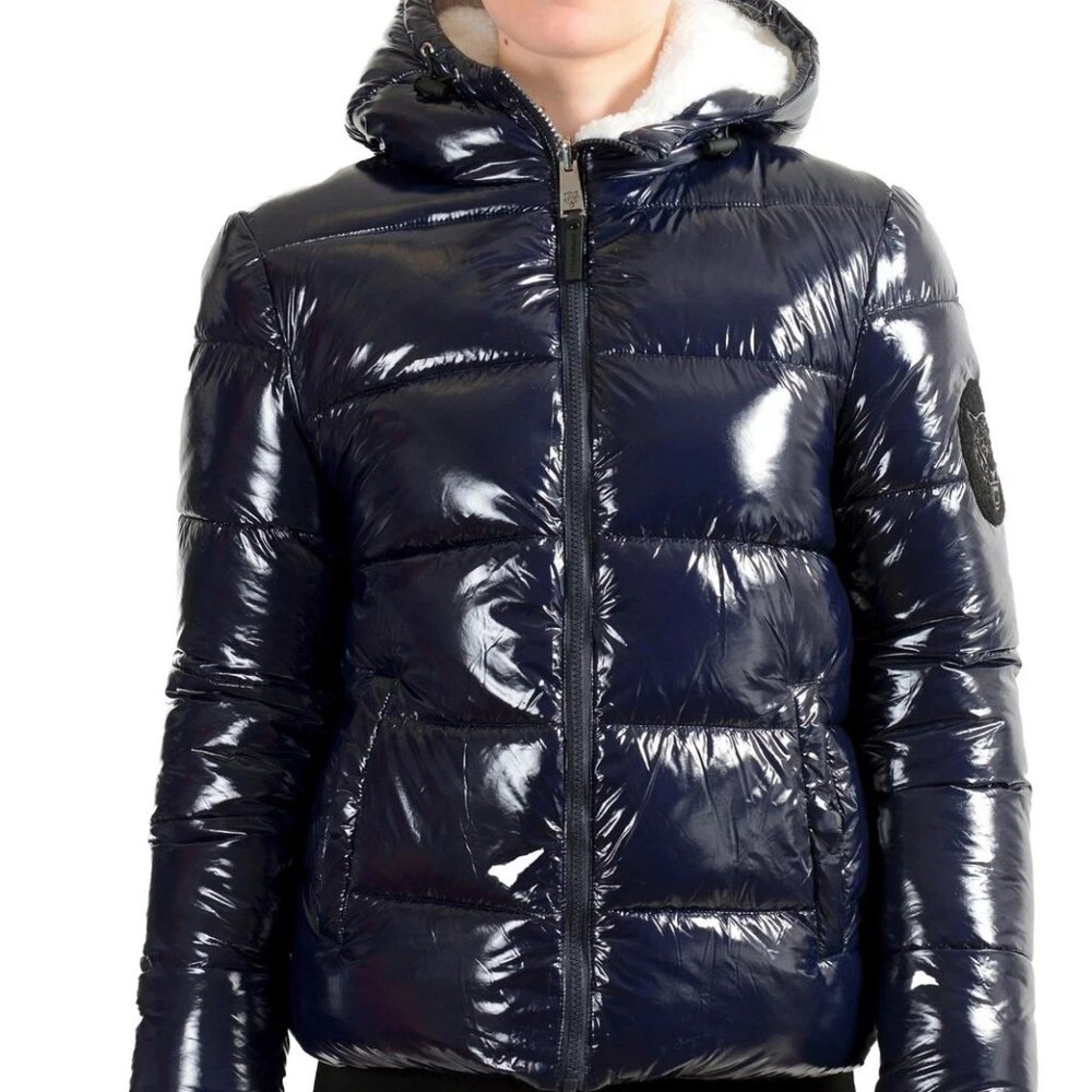 Plein Sport Women's Navy Reversible Sherpa Logo Print Parka Jacket US XL IT 46